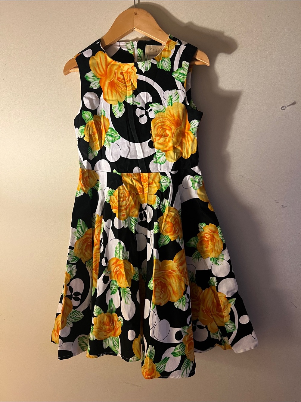 Girls Sleeveless Black Dress with Yellow Rose Print for Girls